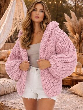 Mums Handmade womans Ariana Grande chunky Knit Open Cardigan Sweater - Pink OS